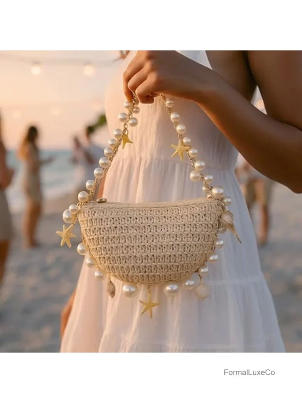 Woven Straw Shoulder Bag with Pearl Handle Beach Vacation Purse
